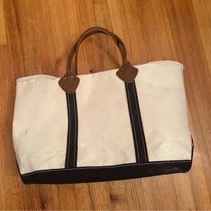 LL Bean boat and tote Canvas Leather Handles Blue Trim Freeport ME